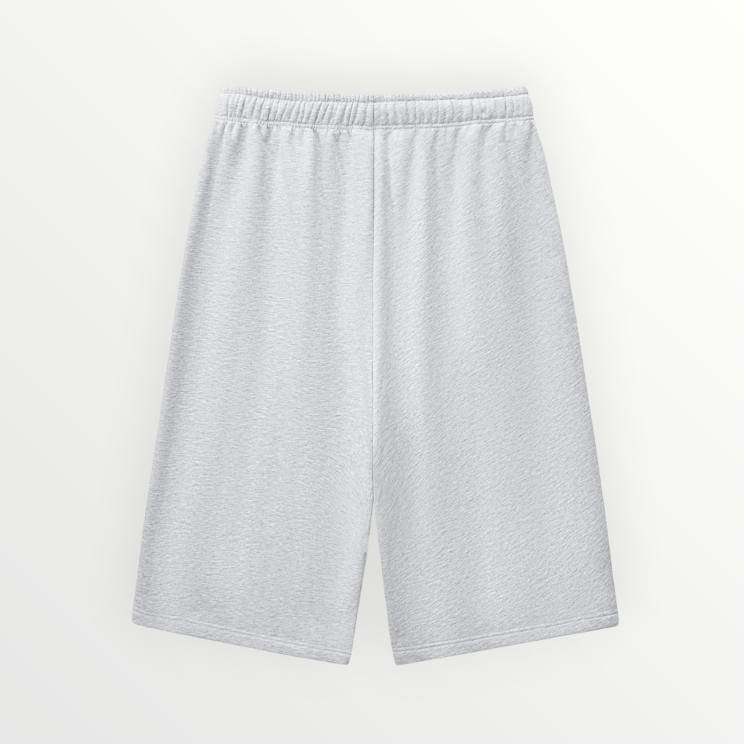 HoopSociety Baseline 3/4 court shorts in grey heavyweight cotton-blend fabric with a relaxed wide-leg fit.