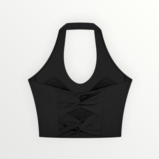 HoopSociety black halter yoga sports bra featuring a stylish twist-back design and sleeveless crop fit.