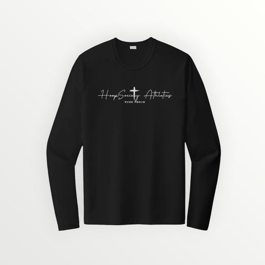HoopSociety Foundation black long sleeve performance tee with white athletic logo graphic on the chest.