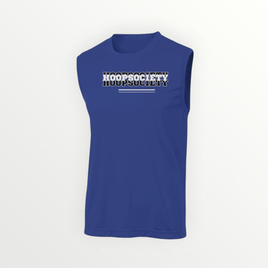 HoopSociety royal blue sleeveless athletic tee with moisture-wicking polyester fabric and white logo graphic