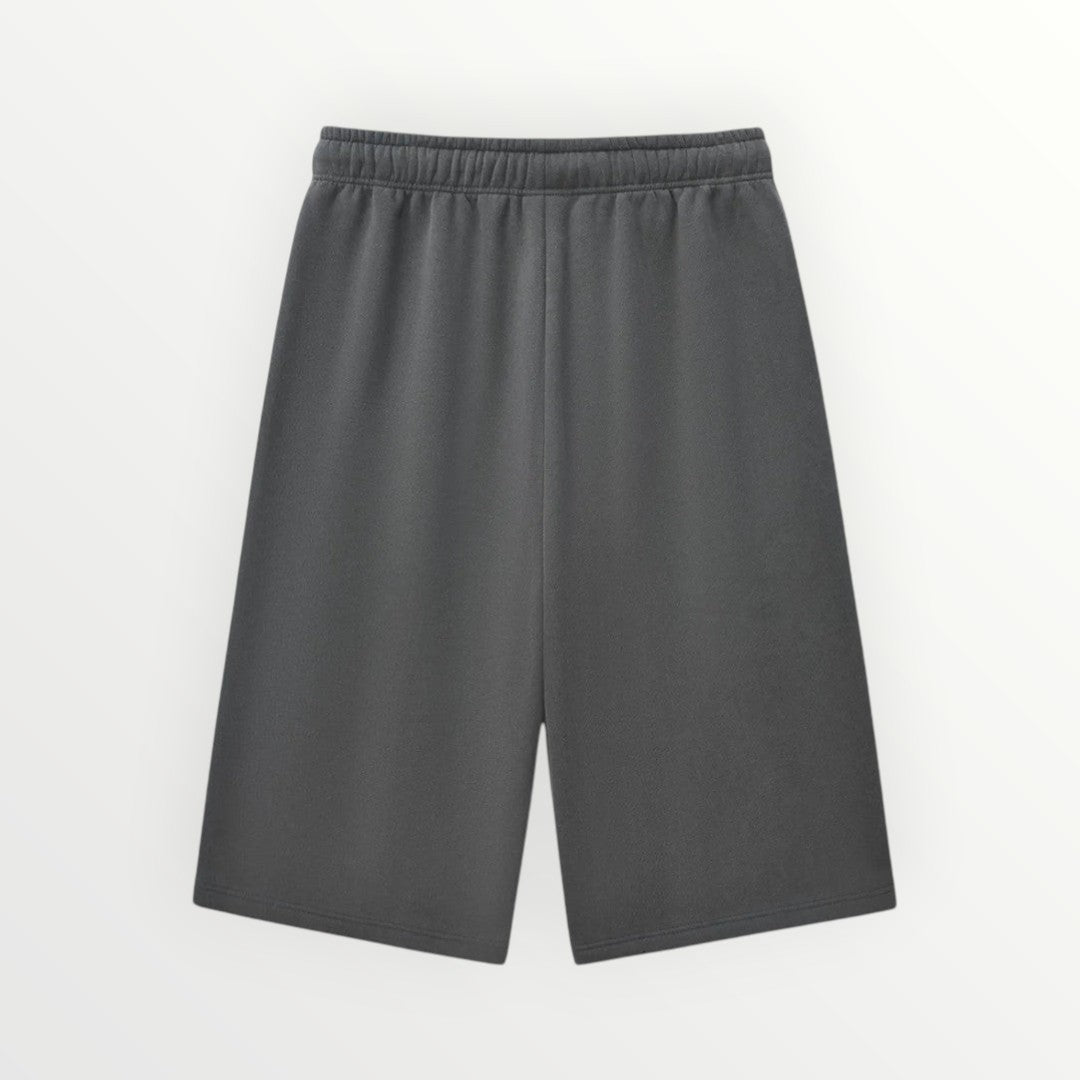 HoopSociety Beyond the Game charcoal grey heavyweight fleece basketball shorts with an elastic drawstring waistband.