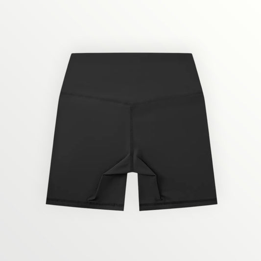 HoopSociety Heritage Sculpt black high-rise active shorts in a body-contouring nylon-spandex performance fabric.