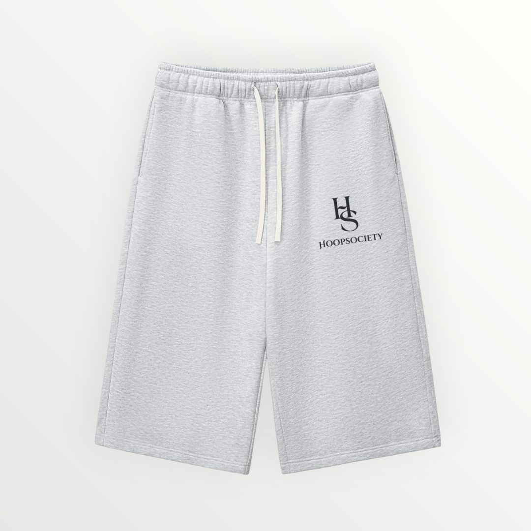 HoopSociety Baseline 3/4 court shorts in grey heavyweight cotton-blend with drawstring waist and HS logo branding.