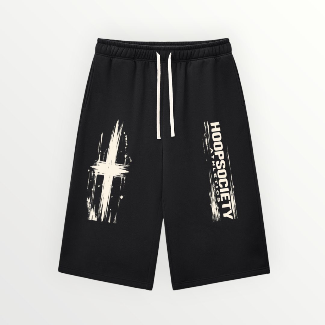 HoopSociety black drawstring sweatpants with white cross and logo graphic print in a relaxed wide-leg fit.