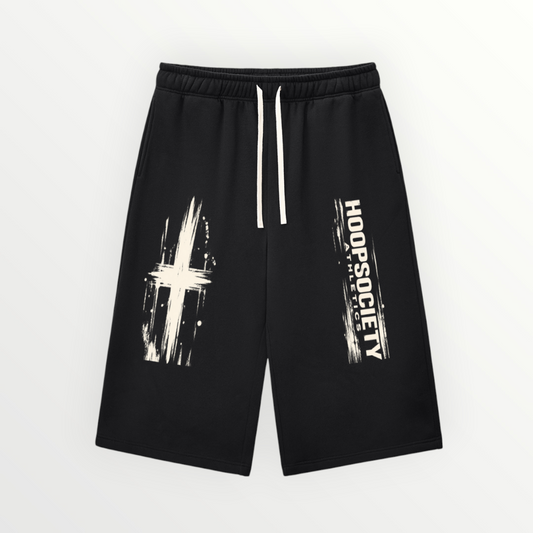 HoopSociety black drawstring sweatpants with white cross and logo graphic print in a relaxed wide-leg fit.