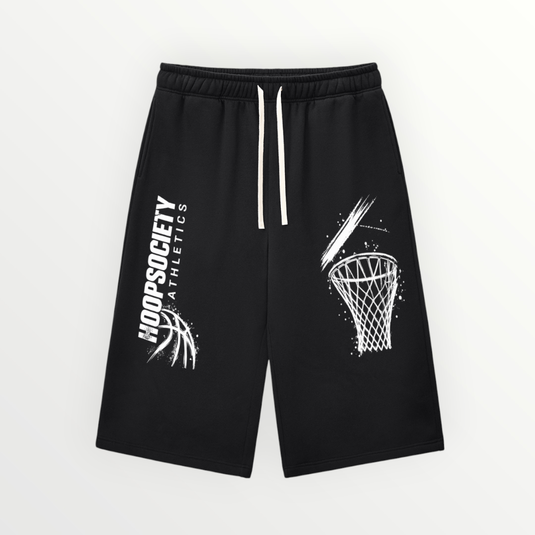 HoopSociety black drawstring sweatpants with white basketball hoop graphic and athletics branding on the leg.