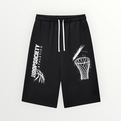 HoopSociety black drawstring sweatpants with white basketball hoop graphic and athletics branding on the leg.