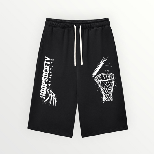 HoopSociety black drawstring sweatpants with white basketball hoop graphic and athletics branding on the leg.