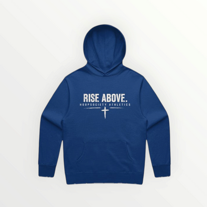 HoopSociety blue relaxed fit hoodie with distressed white RISE ABOVE graphic and cross detail on the front