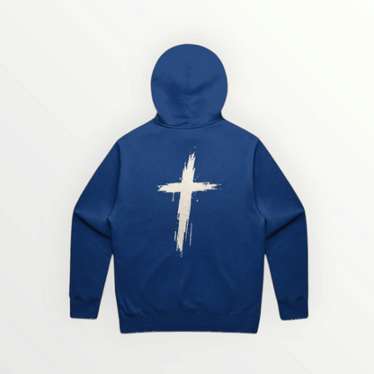 HoopSociety blue relaxed fit hoodie featuring an oversized distressed white cross graphic on the back