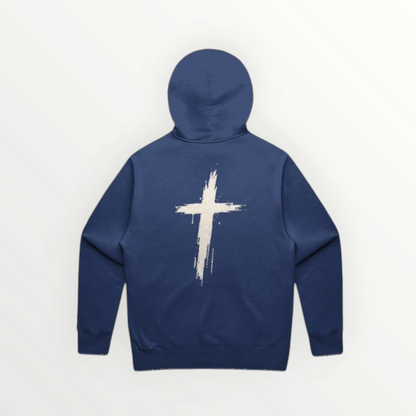 Back view of a navy blue HoopSociety Rise Above Relax Hoodie featuring an oversized distressed white cross graphic.