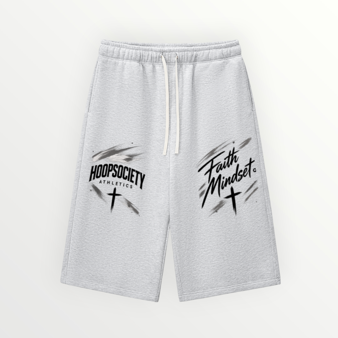 HoopSociety grey relaxed drawstring three-quarter sweatpants with black graphic prints and cross symbols.
