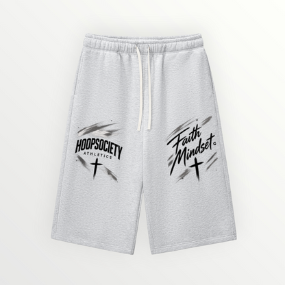HoopSociety grey relaxed drawstring three-quarter sweatpants with black graphic prints and cross symbols.