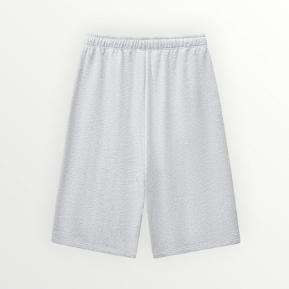 HoopSociety Baseline 3/4 court shorts in grey heavyweight cotton-blend fabric with a relaxed wide-leg fit.