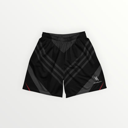 HoopSociety black athletic mesh shorts with grey stripe details and white brand logo on the leg.