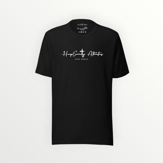 HoopSociety black short-sleeve cotton crewneck t-shirt with white HoopSociety Athletics logo and Rise Above text.