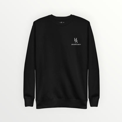 HoopSociety black premium heavyweight fleece crewneck sweatshirt with white embroidered logo on the chest.