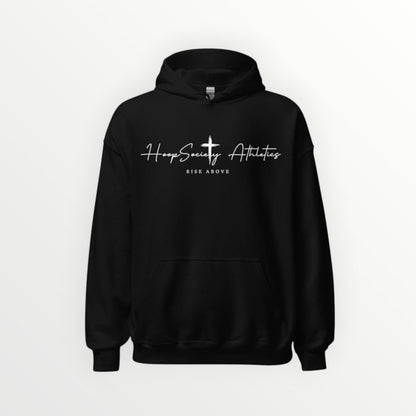 HoopSociety black fleece hoodie featuring white HoopSociety Athletics logo and Rise Above text on the chest.