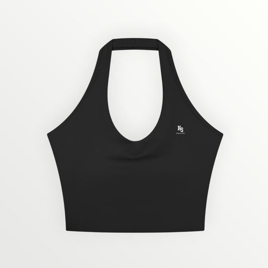HoopSociety black halter yoga sports bra with a crop fit and minimalist white logo on the chest.