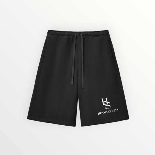 HoopSociety black heavyweight fleece shorts with an adjustable drawstring waistband and white logo branding.