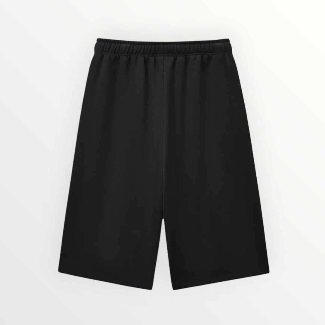 HoopSociety Beyond the Game black heavyweight fleece athletic shorts with an elastic drawstring waistband.