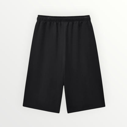 HoopSociety Beyond the Game black heavyweight fleece athletic shorts with an elastic drawstring waistband.