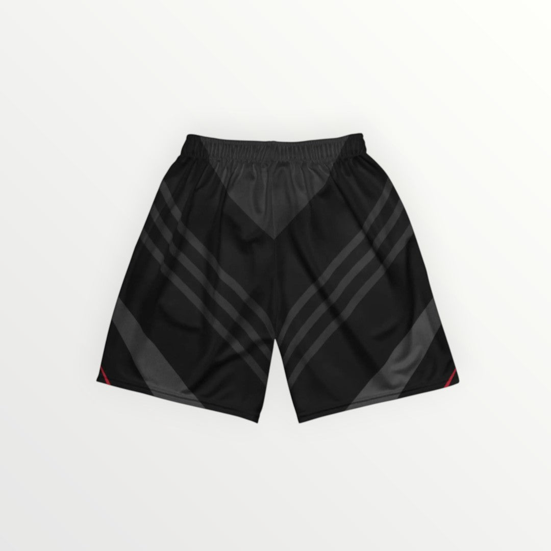 HoopSociety unisex black athletic mesh shorts with subtle grey geometric stripes and red accents.