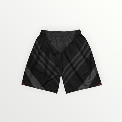 HoopSociety unisex black athletic mesh shorts with subtle grey geometric stripes and red accents.
