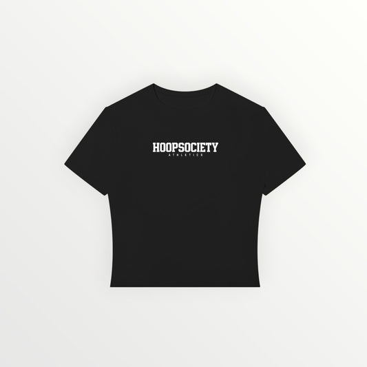 HoopSociety black performance crop t-shirt with white athletic logo print, featuring a round neck and short sleeves.