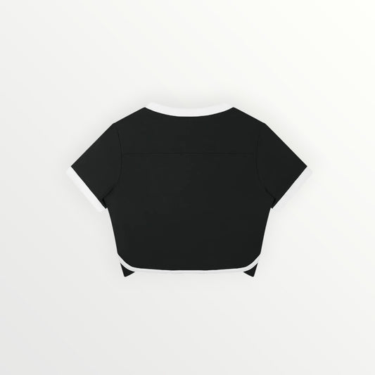HoopSociety Heritage Courtside Performance Crop in black with white contrast trim on the V-neck and sleeves.