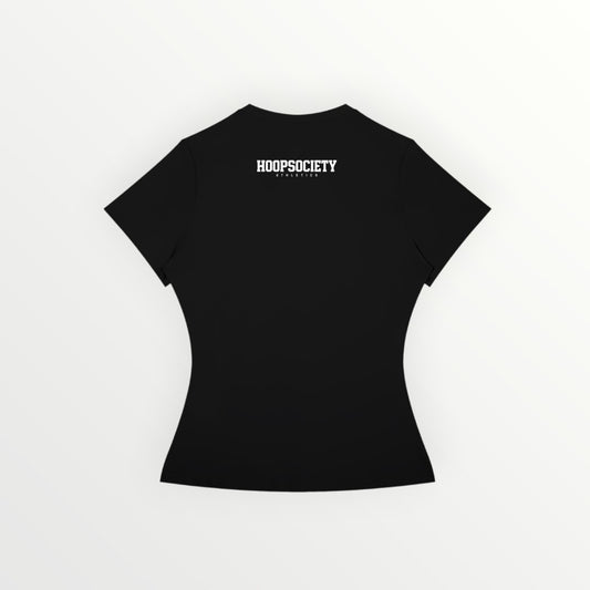 HoopSociety black slim fit performance t-shirt with white logo on the back, short sleeves and round neck.
