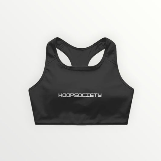 HoopSociety black racerback performance top with a smooth matte finish and minimal logo branding.