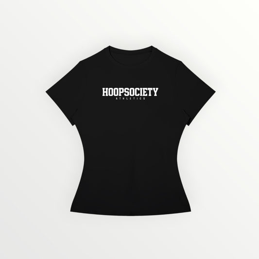 HoopSociety women's black slim fit performance t-shirt with white athletic logo print on the chest.