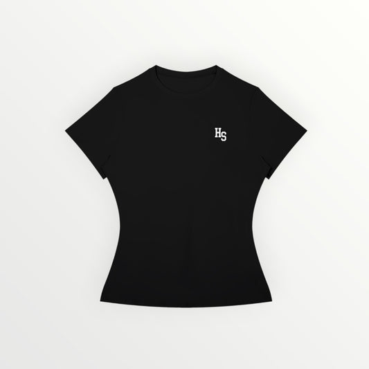 HoopSociety women's black slim fit performance t-shirt with a small white logo on the chest