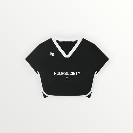 HoopSociety black and white cropped performance top with V-neck, contrast trim, and athletic branding.