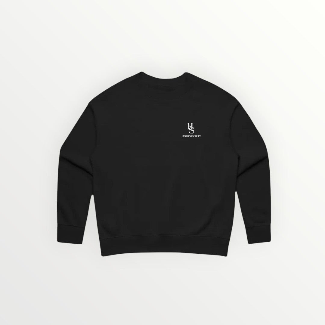 HoopSociety black women's relaxed crewneck sweatshirt in midweight fleece with drop shoulders and minimal logo.