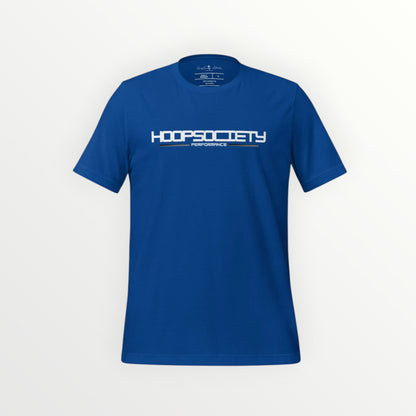 HoopSociety blue cotton Everyday Tee with white graphic logo on chest, featuring a modern retail fit.