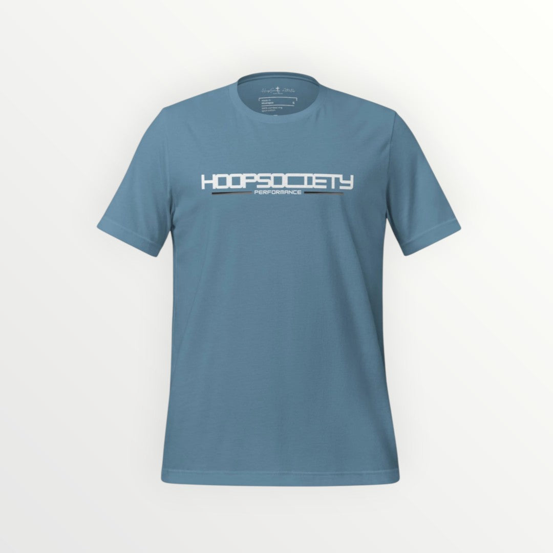 HoopSociety blue Everyday Tee with white performance logo graphic, made from soft combed cotton with a modern retail fit.