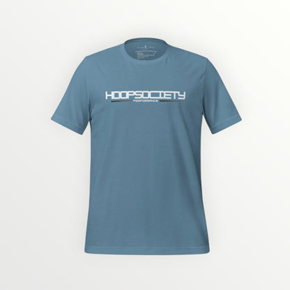 HoopSociety blue Everyday Tee with white performance logo graphic, made from soft combed cotton with a modern retail fit.