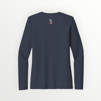 Back view of the HoopSociety Boricua Built women's navy blue long sleeve performance shirt with logo detail.