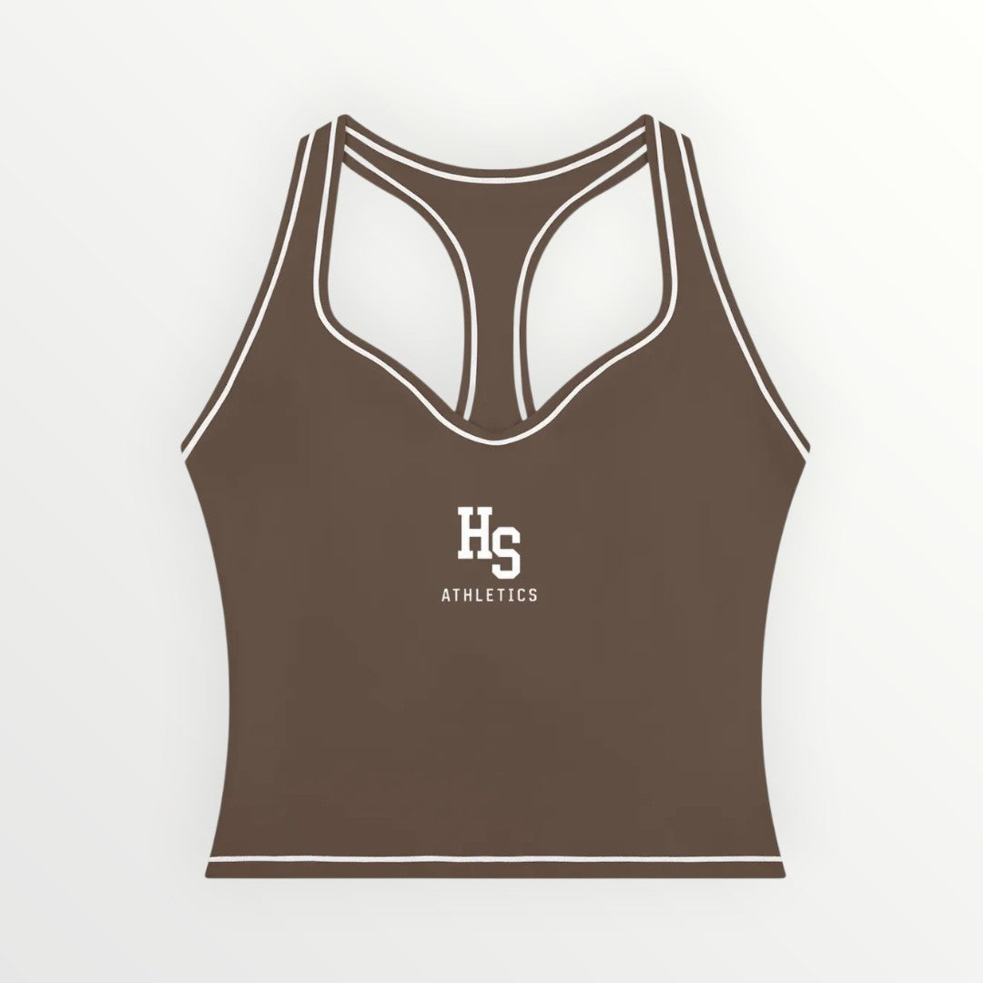 HoopSociety Heritage Sculpt Performance Tank in brown with white contrast piping and HS Athletics logo.