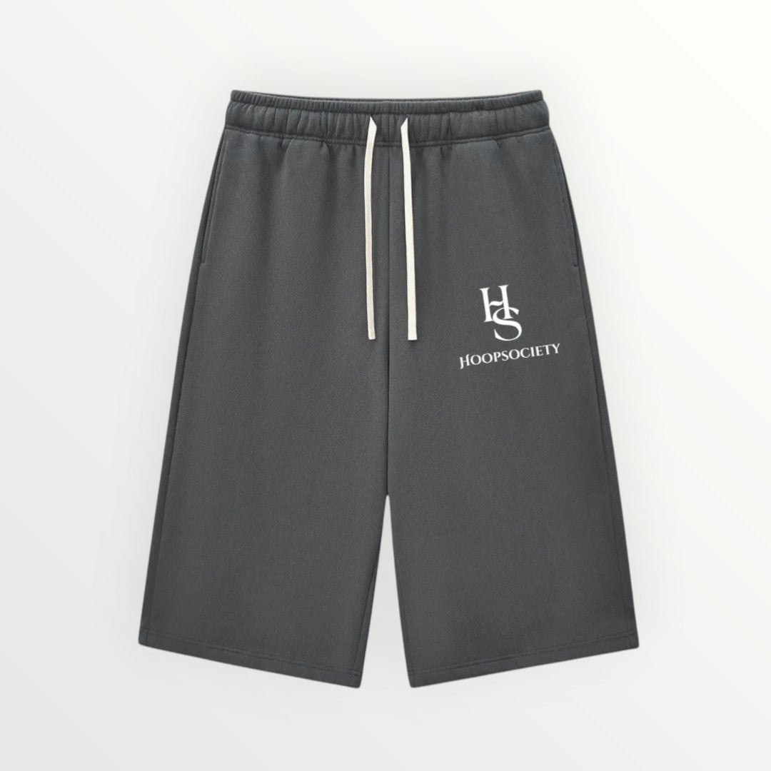 HoopSociety Beyond the Game charcoal grey heavyweight fleece shorts with white logo and adjustable drawstring waist.