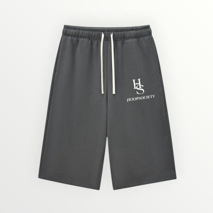 HoopSociety Beyond the Game charcoal grey heavyweight fleece shorts with white logo and adjustable drawstring waist.