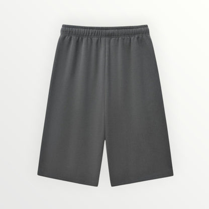 HoopSociety Beyond the Game charcoal grey heavyweight fleece basketball shorts with an elastic drawstring waistband.
