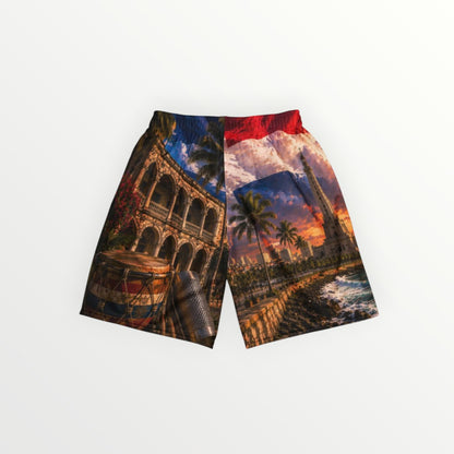 HoopSociety Dominican Republic mesh basketball shorts featuring vibrant all-over cultural prints of Santo Domingo architecture