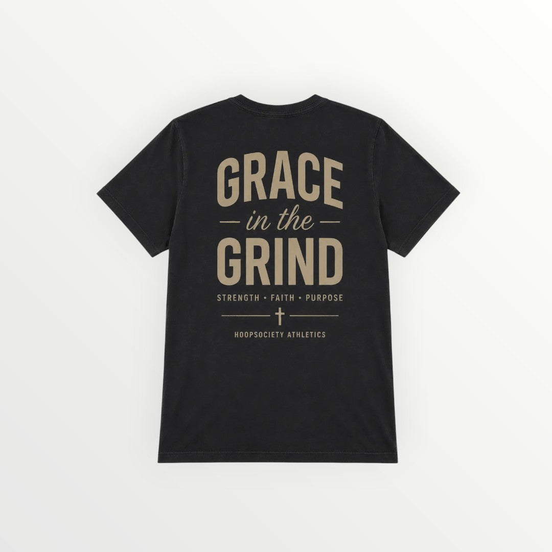 HoopSociety black relaxed cotton tee featuring a large Grace in the Grind graphic on the back with a cross icon.
