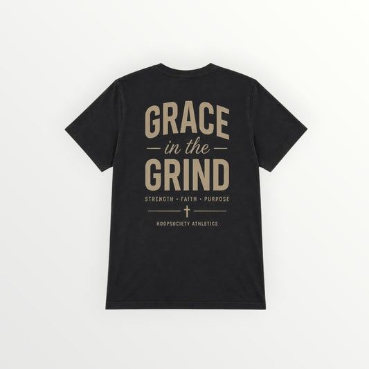 HoopSociety black relaxed cotton tee featuring a large Grace in the Grind graphic on the back with a cross icon.