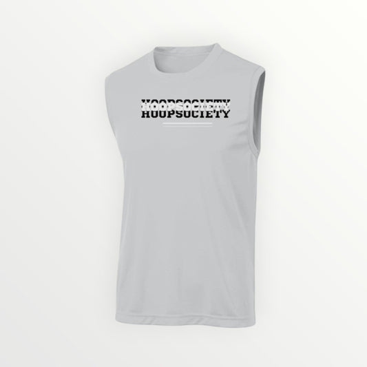 HoopSociety light grey sleeveless athletic tee with moisture-wicking polyester fabric and black brand logo print