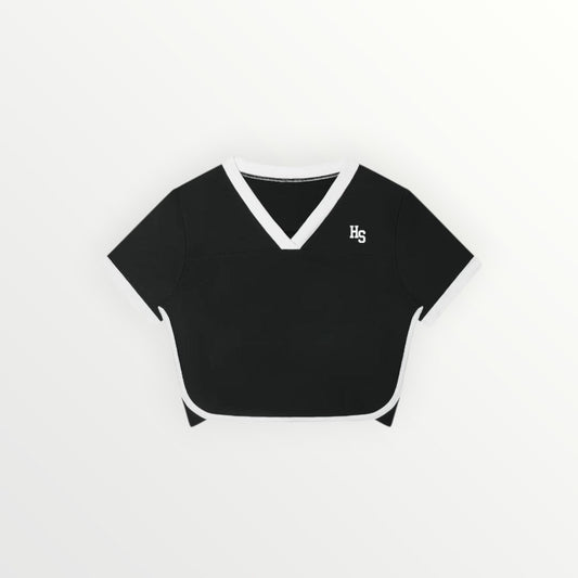 HoopSociety Heritage Courtside performance crop top in black with white V-neck trim and short sleeves.