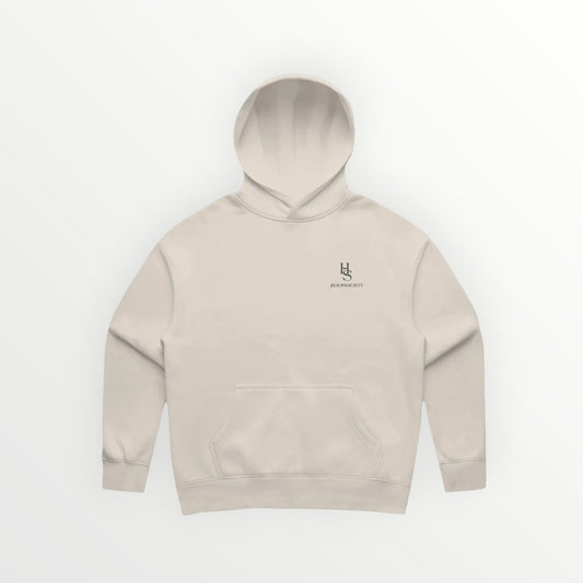 HoopSociety Heritage Relaxed Hoodie in beige midweight fleece with drop shoulders and minimal chest branding
